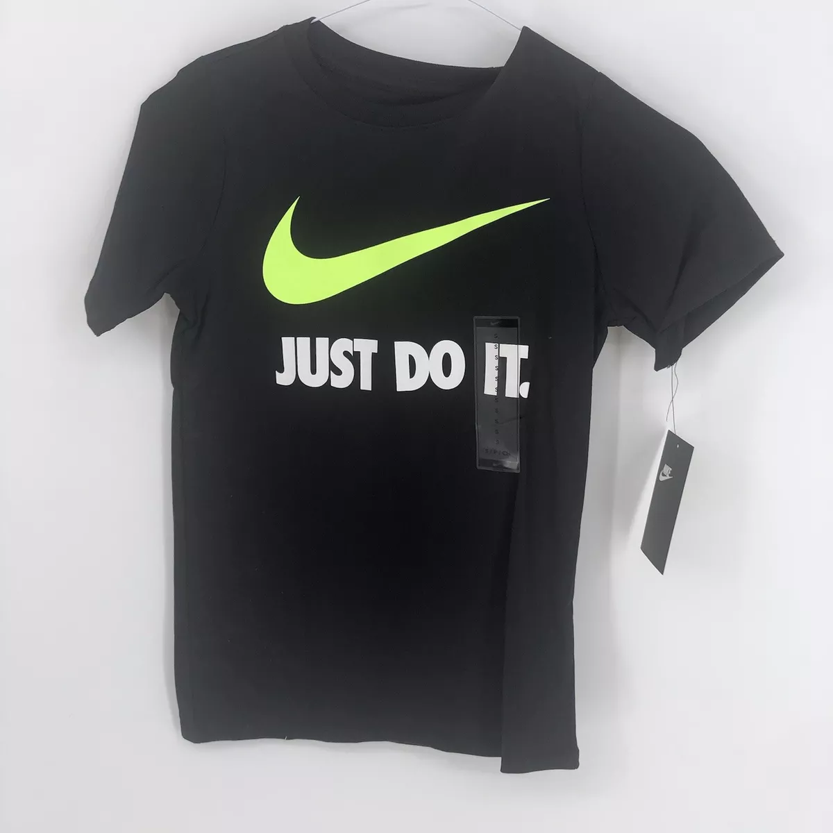 NWT Nike Just Do It Boys T Shirt Black Green Swoosh Athletic Cut