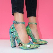 New Womens Pointy Toe Glitter Embellished Ankle Strap Chunky High Heel Pump Shoe