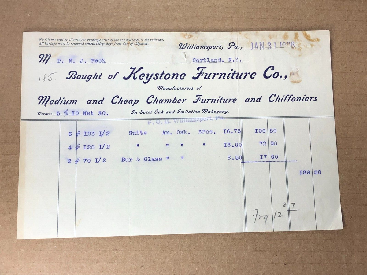 Williamsport, PA Keystone Furniture Co. Manufacturers 1906 Invoice