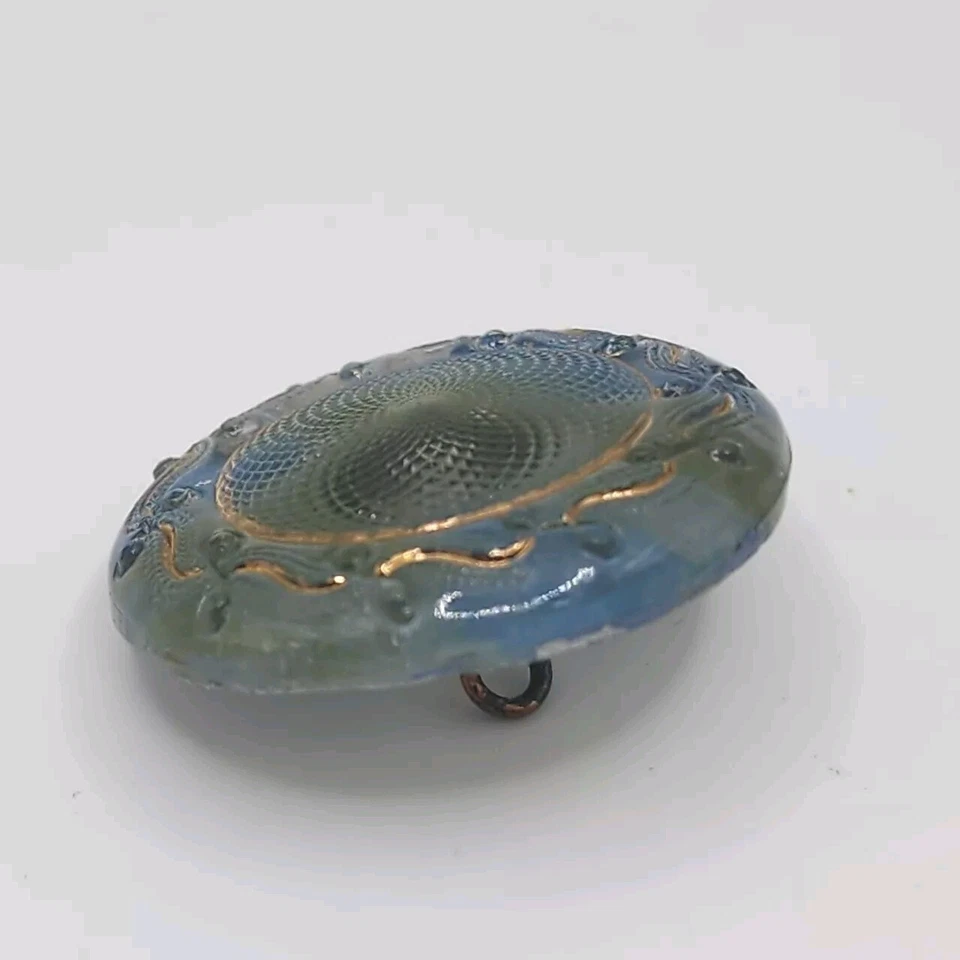 Vintage Czech Glass Light Blue Green Gold Tone Swirl Shank Round Silver Tone Art - Image 3 of 4
