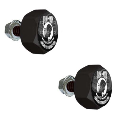 2 Black Metal Hex License Frame Tag Bolts - BLACK/WHITE POW MIA B001