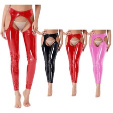Womens Glossy Leather Leggings Open Crotch Butt Trousers Cutout Suspender Pants