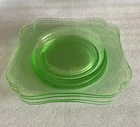 Lot (4) Vintage Cambridge Vaseline Green Glass Large Square Plate 11” Across