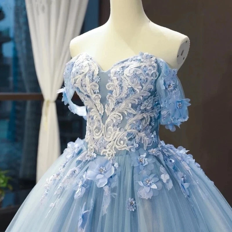 Cute Blue Princess Quinceanera Dresses 2024 Off Shoulder Flower Appliques  Lace Crystals Beads Ball Gown Sweet 15th Prom Party | Beyondshoping | Free  Worldwide Shipping, No Minimum!