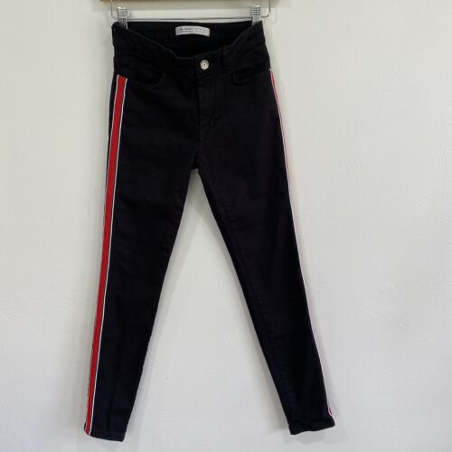 Zara Mid Rise Black Red Side Stripe Skinny Pants Jeans Womens Size 02 - Picture 2 of 5