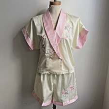 Vintage Satin Embroidered Floral Pajama Set Shorts Top Medium Large Pink Cream