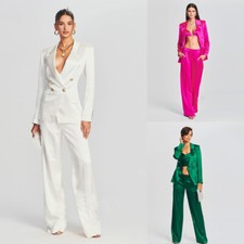 Silk Satin Women Suit Ladies Office Formal Work Wear Prom Party Wedding Set 2Pcs