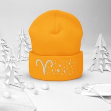 Aries Ram in the Stars Knit Beanie - Cozy Knit Hat  White Thread  Gold