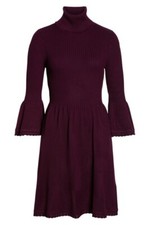 ELIZA J TURTLENECK BELL SLEEVE SWEATER WINE FIT & FLARE DRESS sz M