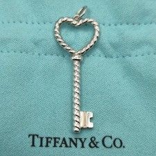 Tiffany  Co. Twist Rope Heart Key Twisted Pendant Charm Sterling Silver Pouch