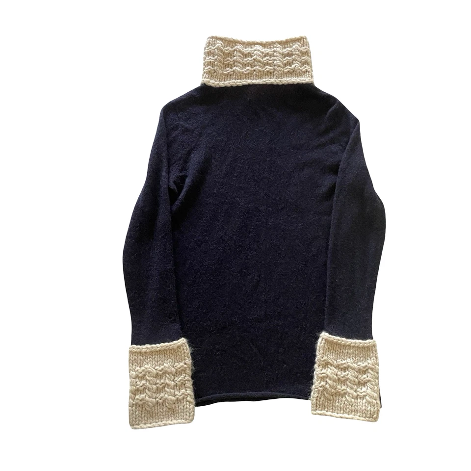 Tory Burch Alpaca Wool Blend Sweater M Navy Beige Knit Cuffs Collar Deadstock - Image 3 of 4