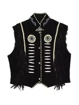 Mens Native Suede Leather Cowboy Style Vest Beaded with Fringes