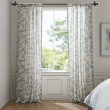 42x84 Blue Linen Look Curtain, Botanical Print, Tie-Up Valance, Light Filtering