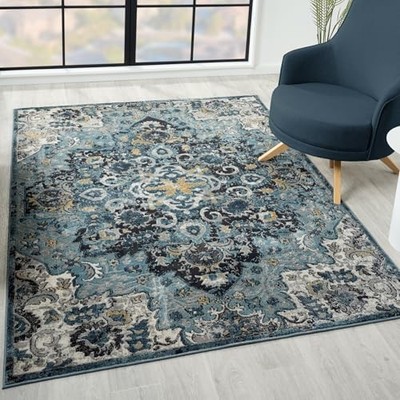  Moroccan Blue 5x7 Medallion Area Rug for Living Rooms 