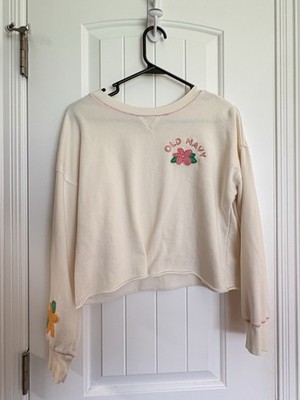 Old Navy Girls Cropped Sweatshirt Floral Embroidered Cream Long Sleeve Pullover