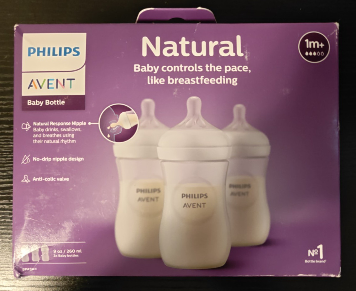 Philips Avent Natural Baby Clear Bottle 9oz 3 pack 1m+ SCY903/03