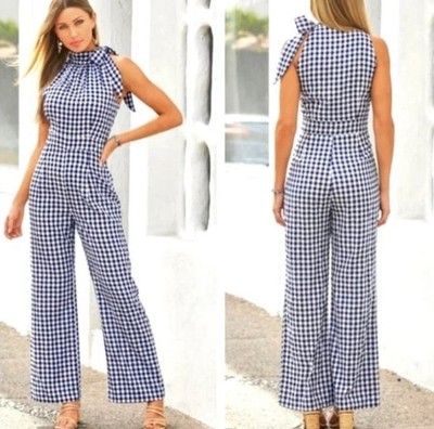 Boston Proper Size 10 Navy Gingham Halter Bow Jumpsuit