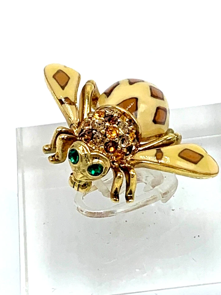 Broche prendedor Joan Rivers “Joan Of The Jungle” cristal leopardo abeja grande tono dorado