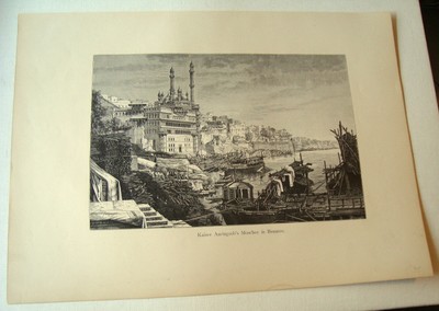 1889 Wood Engraving Alamgir Mosque by the Ganges India Old Benares City (inv10)