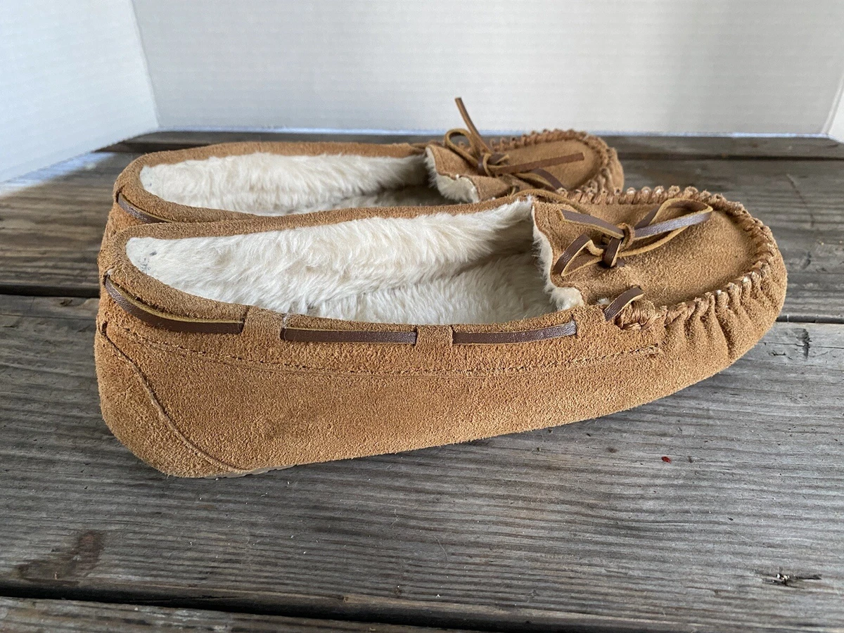Minnetonka Shoes Moccasins Slippers 4052 Tan Suede Faux Fur Lined