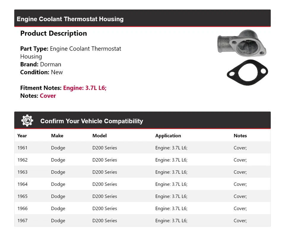 Carcasa termostato refrigerante motor Dorman serie Dodge D200 1961-1967 1962 Foto 2 de 4