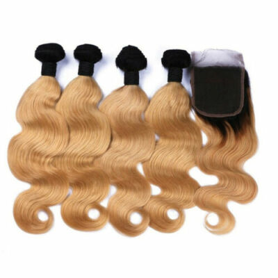 12A BRAZILIAN HUMAN HAIR WEFT 3/4BUNDLES+LACE TOP CLOSURE 1B#/27 DARK ROOT OMBRE