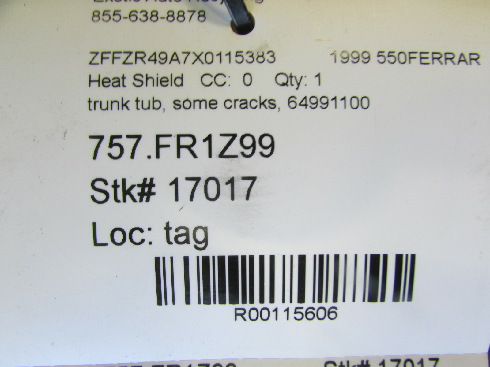 Ferrari 550, 575 Rear Trunk Spare Tire Heat Shield, P/N 64991100