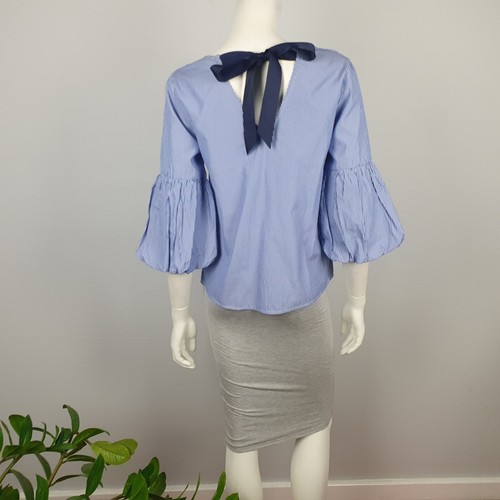 Dorothy Perkins Size 8 Top Blouse V Neck 3/4 Puff Sleeve Bow Blue Striped Women - Picture 10 of 14