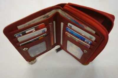 LONDON LEATHER GOODS Ladies Leather Purse Wallet Organizer Red with Large Coin Pocket RFID PROOF