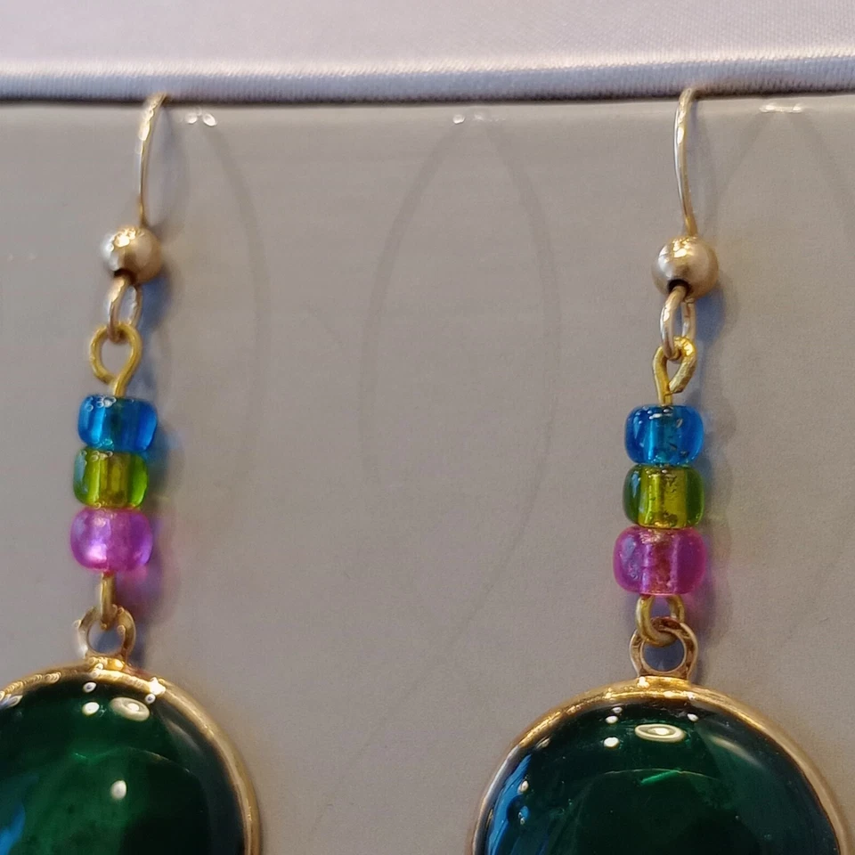 Emerald Green Enamel Drop Dangle Beads Blue Green Pink Earrings Vintage Estate - Image 3 of 4