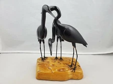 Vintage Handmade Black Swan Flamingo Birds Decoy on Wood Base Signed Carl Spear