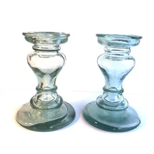 Handblown Recycled Chunky Glass Coastal 6.25” Candle Sticks Light Green Set Of 2