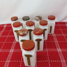 Griffiths Milk Glass Spice Jars Set of 10 Red Lids Some Labels