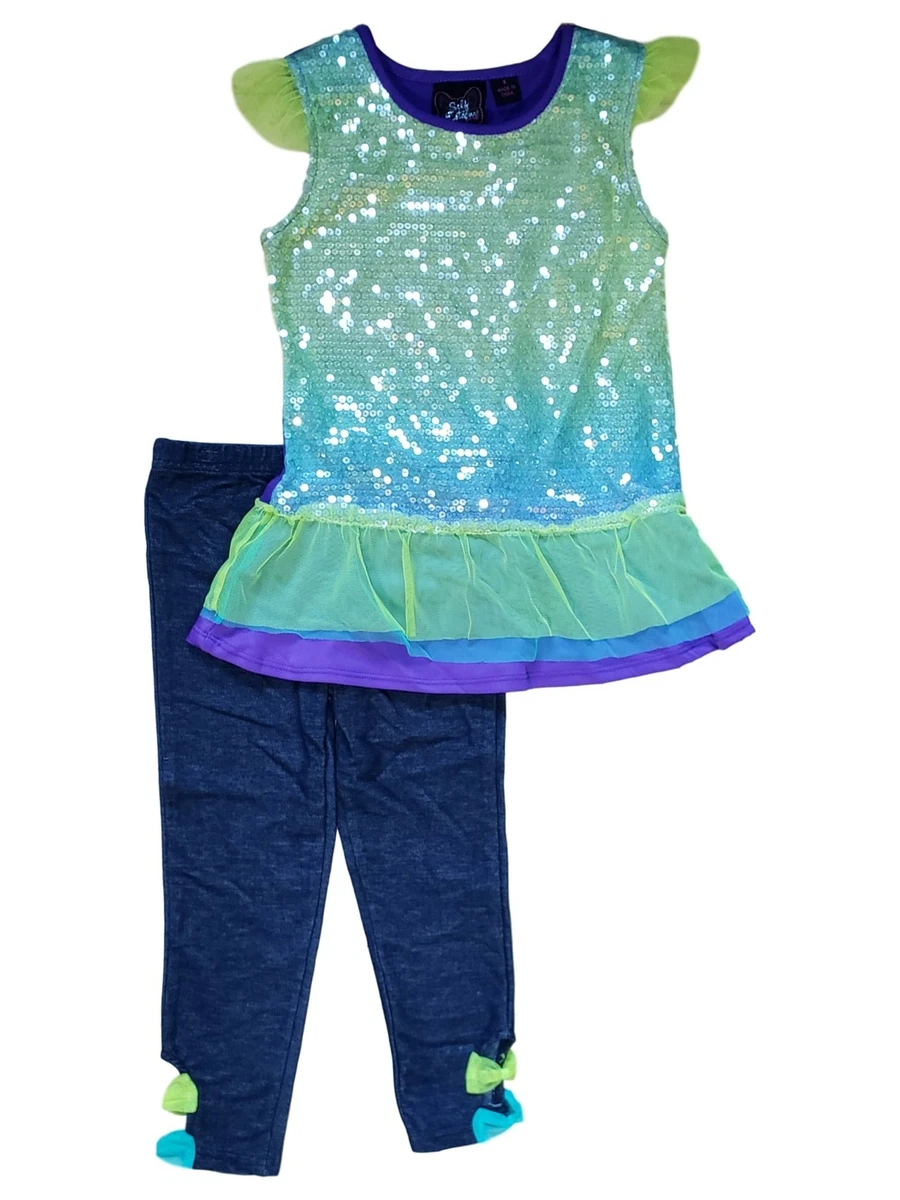 Girls Green Faded Sequin Tulle Ruffled Tank Top & Pants 2 Piece Dressy Set 5