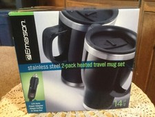 New Emerson Stainless Steel 2 Pack Heated Travel Mug Set. 14 Oz. 12 V Adapter