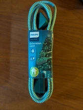 New Philips Home Power 3 Outlet Braided 8Ft Extension Cord Green/White Indoor