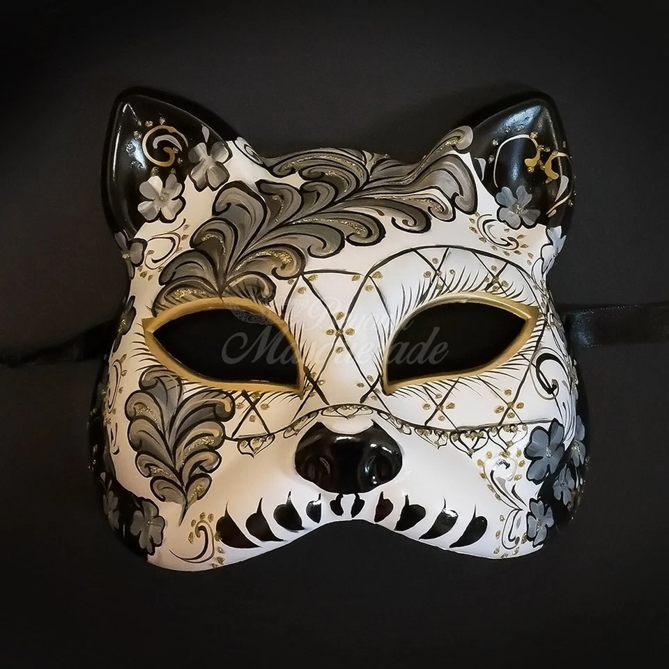 Day of the Dead Dia de los Muertos Cat Costume Masquerade Mask [Black] - Image 2 of 4