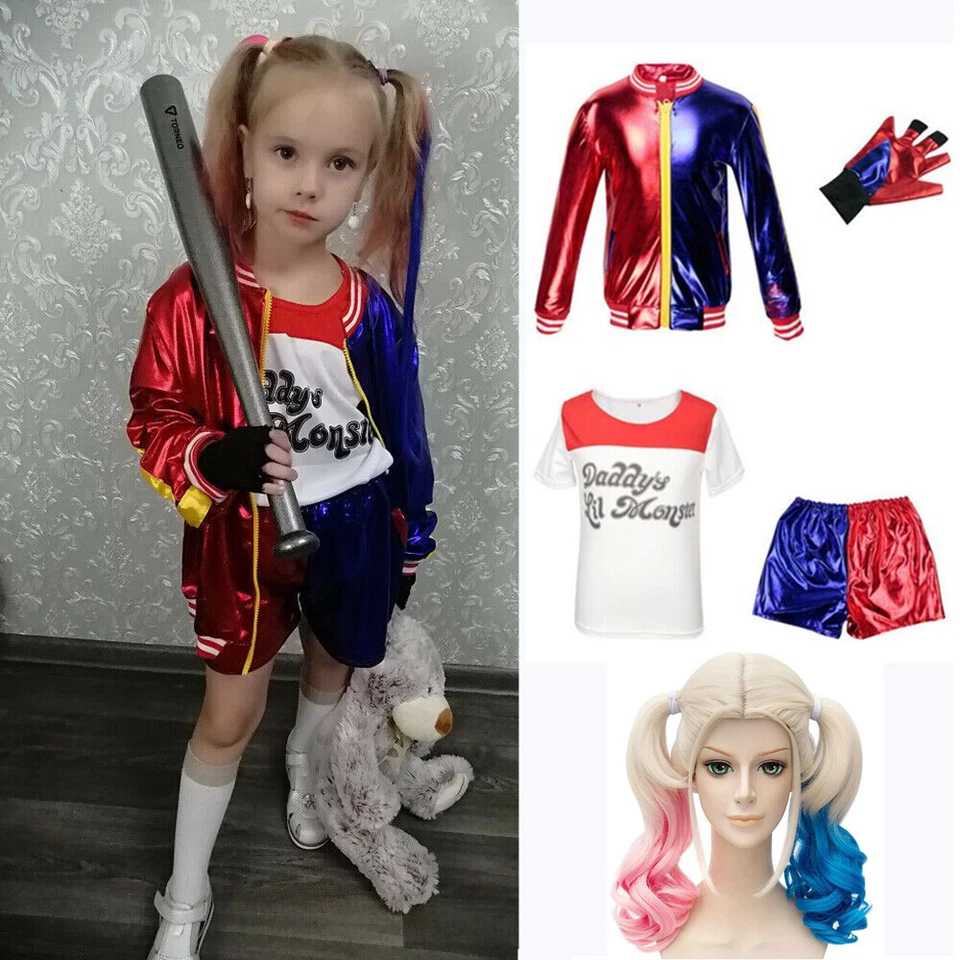 5PCS Kids Outfit Harley Quinn Suicide Squad Girl Halloween Cosplay Costume Suit - Image 3 of 4