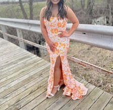 Jovani JV08256 Sequin Floral Gown Maxi Dress Ivory Orange One Shoulder Size 12