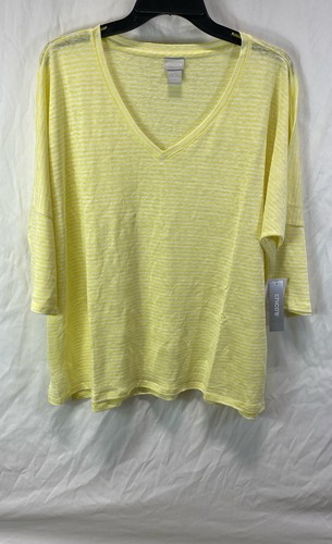 NWT Chico's Womens Yellow White Striped 3/4 Sleeve Linen Warm Tunic Top Size 1