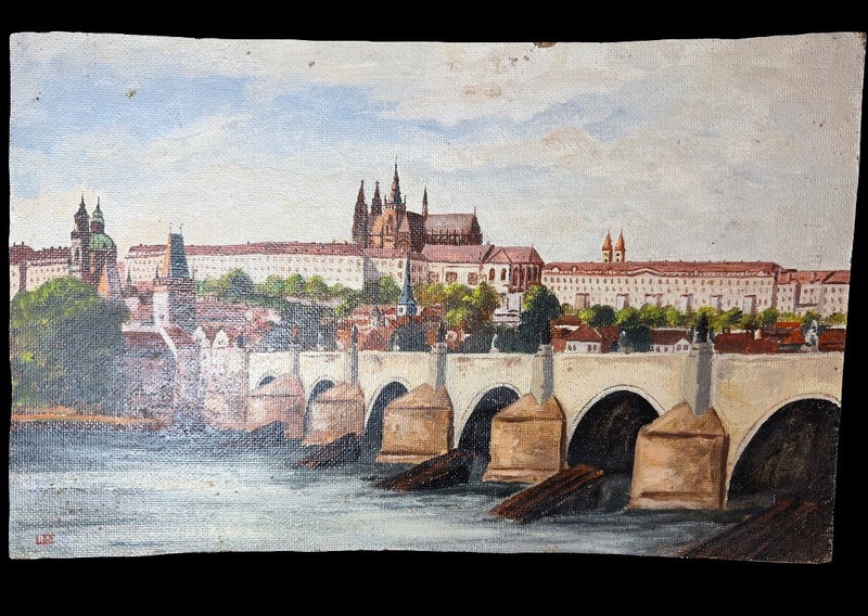 Vintage Painting Charles Bridge and Prague Castle Prague, Czech Republic