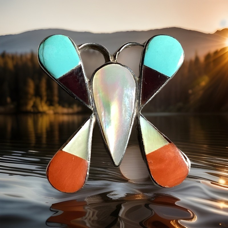 A Zuni inlaid mosaic sterling silver butterfly ring.