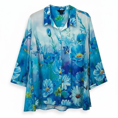 NEW Ali Miles Women's Plus Size 2X Blue Floral Butterfly Button Up Tunic Top