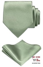 TIE G Solid Satin Woven dyed Color Formal Black Necktie and Pocket Sage Green
