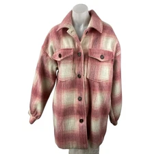 Forever 21 Pink Faux Fur Plaid Button Down Long Sleeve Oversized Coat Jacket L