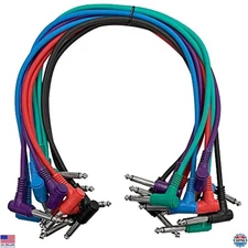 Multi-Colored ¼” TS Right Angle Patch Cables 1.5ft - Pack of 10 for Guitar