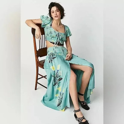 Free People Easy To Love Cropped Top Buttondown Smocked Pastel Jade Printed S