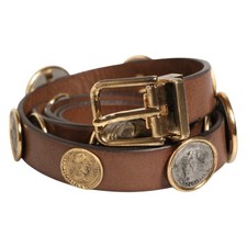 DOLCE & GABBANA Belt Brown Leather Gold Silver Coin Buckle 90cm / 36in 2930usd