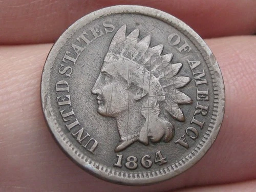 1864 Bronze Indian Head Cent Penny- No L, Rounded Bust, Fine Details