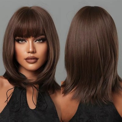 Dress Up Wig With Bangs Straight Dark brown Synthetic Hair Heat Resistant